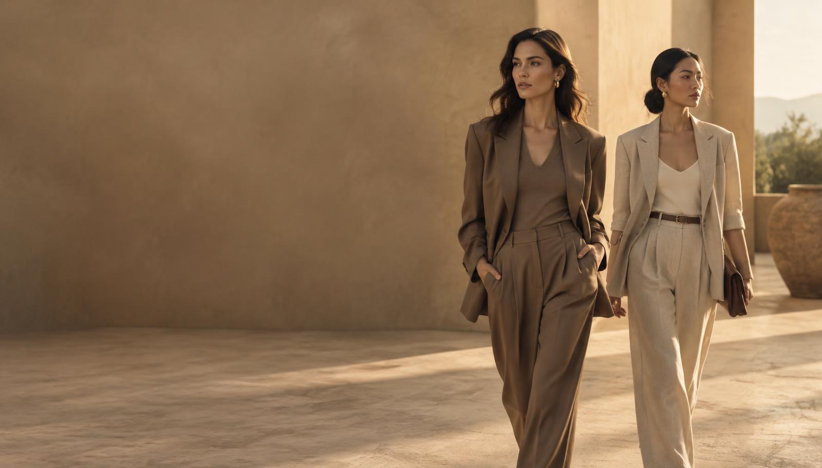 Two women in tailored neutral clothing walking in warm light