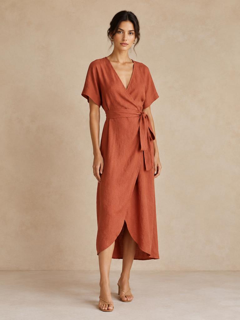 Terra Linen Wrap Dress in Terracotta